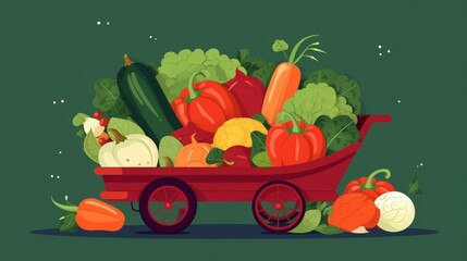 Natural vegetables in red wheelbarrow.Pumpkin red.Generative AI