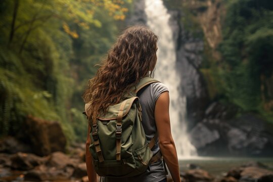 Girl traveler with backpack on waterfall. Climbing the mountains. camp