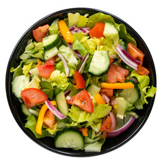 Bowl of salad in black bowl top view isolated on transparent background 