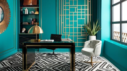 Interior Design Mockup: An art deco-inspired office space with bold geometric patterns, brass accents, a sleek black desk, and vibrant teal walls