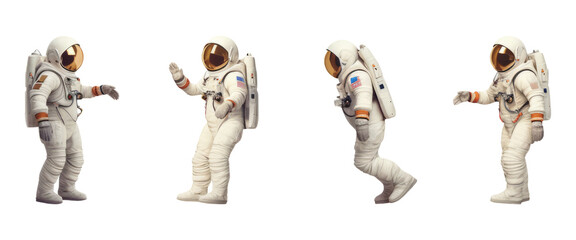 Astronauts in spacesuits set in different poses isolated on transparent and white background