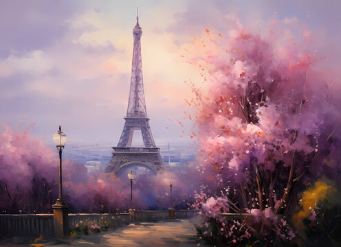 Eiffel Tower in Paris, France. Digital watercolor painting