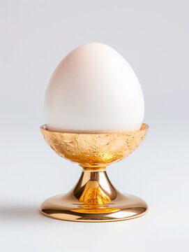 Boiled egg in a golden egg stand on a white background.