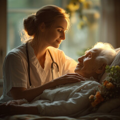 Nurse caring for an elderly in a comforting ambient