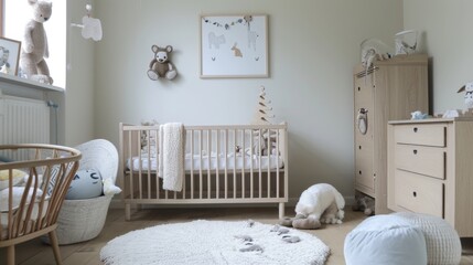 Interior Design Mockup: A Scandinavian nursery with pastel colors, natural wood furniture, whimsical animal motifs, and soft, plush textiles