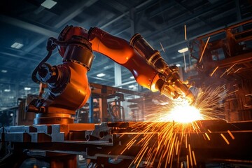 Advanced robot arms working in a hi-tech factory welding metals. Generative AI