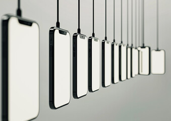 mobile phone mockup. many mobile phones hang on a line like photos used to hang in a darkroom. The environment is bright and friendly and the mobile phones reflect the bright neutral surroundings.