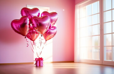 Pink foil balloons in the shape of a heart are tied in the form of a cloud to a gift box in an empty room on the background of a window, Valentine's day or birthday