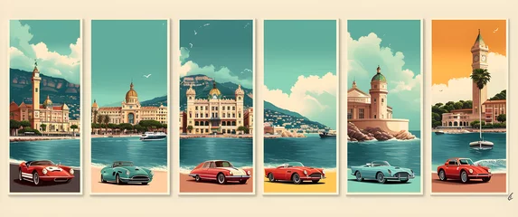 Fotobehang Retro-style travel destination posters featuring Monte Carlo, Monaco, historical buildings, vintage car, and sea beach, ideal for European summer vacations and holiday concepts. © Jhon