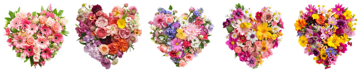 Assorted heart-shaped floral arrangements on transparent background, concept for weddings, Valentine's Day, or Mother's Day