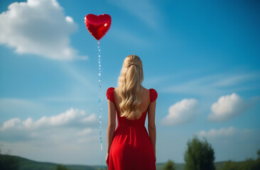 A girl with long blond hair in a red dress stands with her back to the red foil ball in the shape of a heart, a symbol of love