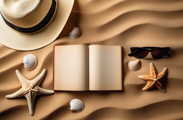 Copy Space, summer picture, sand, open book, sun hat, sunglasses, starfish on a background of pure sea sand, Flat Lay