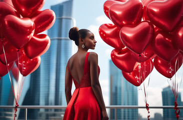 An elegant black young woman in a red dress stands against the background of a modern metropolis, a beautiful african american woman, a red foil ball in the shape of a heart, a symbol of love