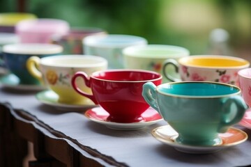 a cute arrangement of small colorful tea cups for tea time. Generative AI