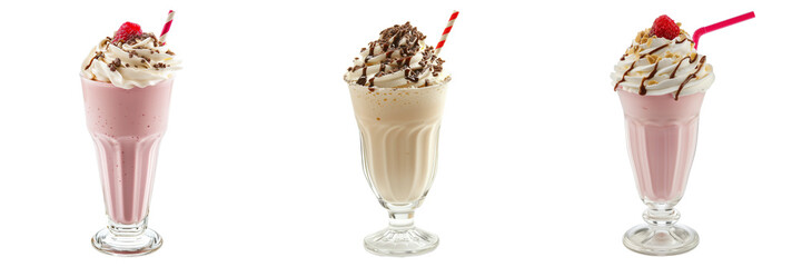 Trio of whipped cream-topped milkshakes in tall glasses, garnished with chocolate shavings and a cherry, isolated on transparent background