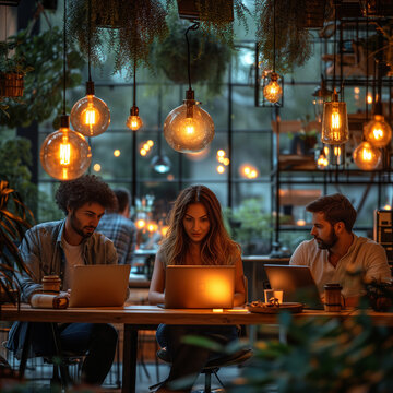 Business People Working In A Modern Office With Warm Light Bulbs