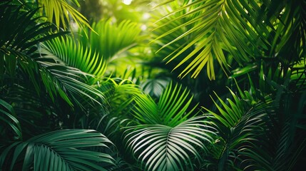 beautiful green jungle of lush palm leaves, palm trees in an exotic tropical forest, wild tropical plants nature concept for panorama wallpaper