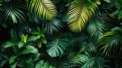 Fototapeta na wymiar beautiful green jungle of lush palm leaves, palm trees in an exotic tropical forest, wild tropical plants nature concept for panorama wallpaper
