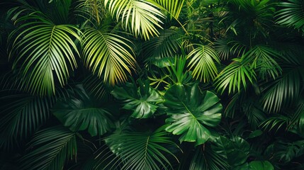 Fototapeta na wymiar beautiful green jungle of lush palm leaves, palm trees in an exotic tropical forest, wild tropical plants nature concept for panorama wallpaper