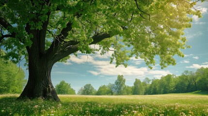 Big tree with fresh green leaves and green spring meadow