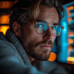 Computer programmer looking at digital computer screens