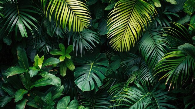 beautiful green jungle of lush palm leaves, palm trees in an exotic tropical forest, wild tropical plants nature concept for panorama wallpaper