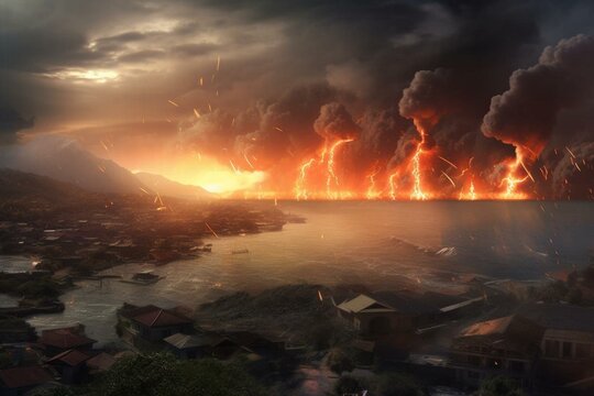 An image depicting the apocalypse with earthquake, lava, tsunamis, smoke, and lightning. High resolution, realistic, cinematic. Generative AI