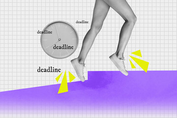 Creative abstract template collage of girl legs running walking freelancer manager deadline time...
