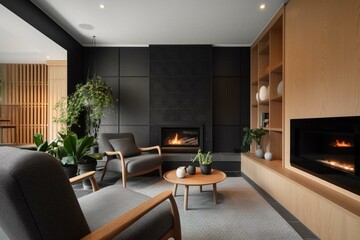 Contemporary, inviting lounge with a hearth and armchair. Generative AI
