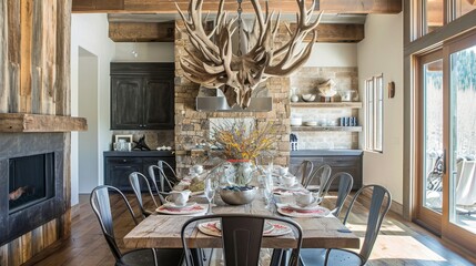 Interior Design Mockup: A rustic dining area with a reclaimed wood table, industrial metal chairs, an antler chandelier, and a stone fireplace