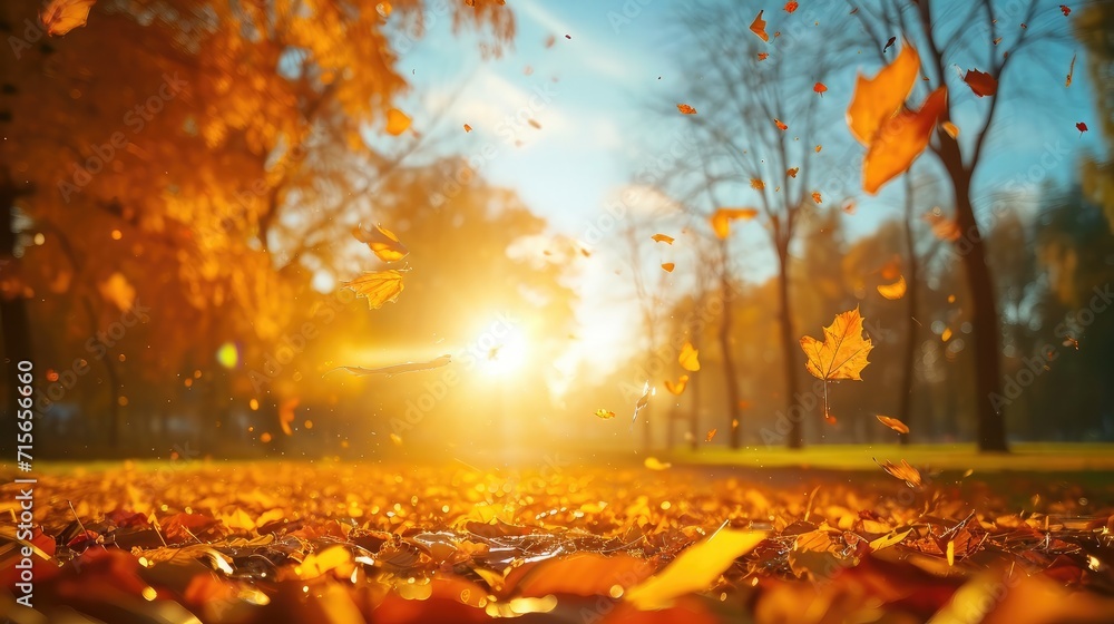 Canvas Prints Golden autumn scene in a park, with falling leaves, the sun shining through the trees and blue sky