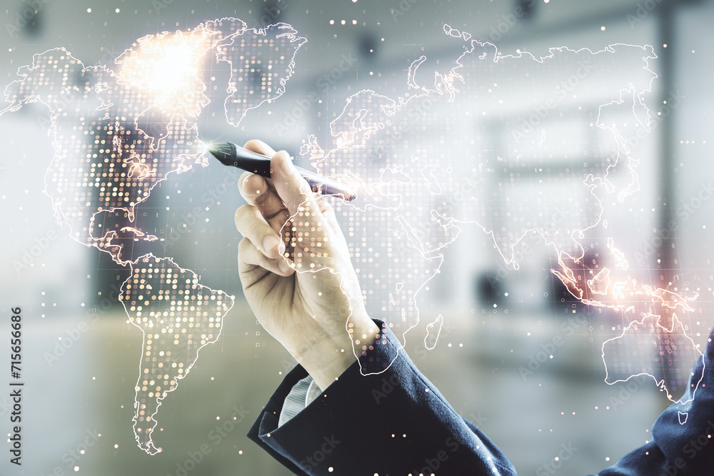 Poster multi exposure of businessman hand with pen working with abstract creative digital world map hologra