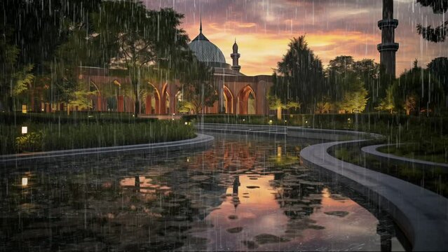Drama of Rain and Lightning in the Mosque Courtyard: A Magnificent Natural Wonder