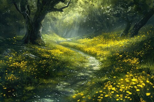 Enchanted Forest Path with Sunbeams and Flowers