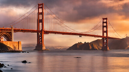 Fototapeta na wymiar Golden Hour Glory: Panoramic Shot of the Golden Gate Bridge in San Francisco Under a Mesmerizing Sunset Sky