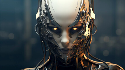 A cinematic image of a female bionic robot in cyberpunk style wearing a mask with glowing eyes. Game character, science fiction. Medium shot, fog, dark key, hoses, wires.