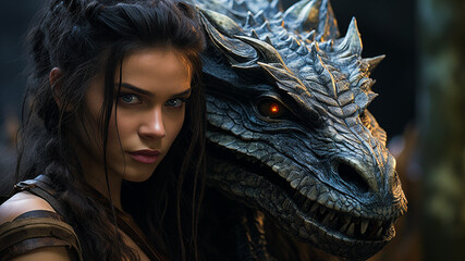 Pretty woman with black hair and a small wild dragon with fiery eyes