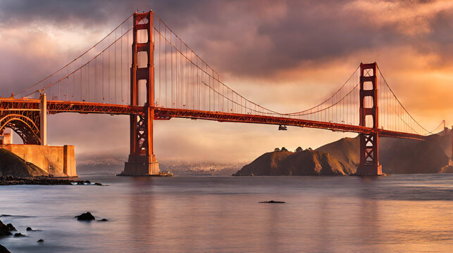 Golden Hour Glory: Panoramic Shot of the Golden Gate Bridge in San Francisco Under a Mesmerizing Sunset Sky