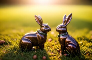 Two chocolate bunnies on the grass at sunset. Easter concept, games, sweets