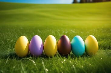 Fototapeta na wymiar Easter background with colorful eggs in a row on the lawn grass in the grass