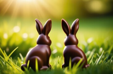 Two Easter bunnies face the sunset. Sweets concept, Easter holidays, games for children, fun
