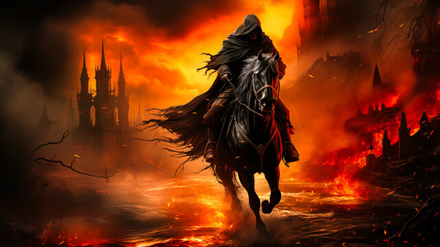 A black rider with a black cape and horse against a mystical burning background