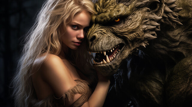 Beautiful woman with long blonde hair hugs a wild beast