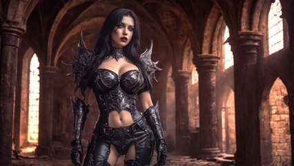 Evil female warrior in sexy black leather armor with long black hair in an abandoned castle ruins