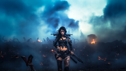 Black-haired barbarian in a steampunk outfit and tattoos walks heavily armed across a burning, smoky battlefield of a lost world.