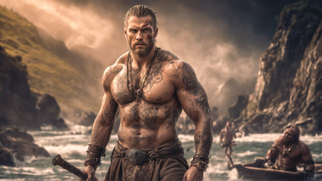Muscular Viking with long blonde hair and a tattooed naked torso in front of a fjord landscape