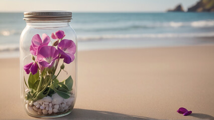 A Captivating Sweet Pea Jar Amidst Beach Serenity AI GENERATED