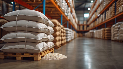 Warehouse with bags of corn in distribution center bag corn storage facility - obrazy, fototapety, plakaty