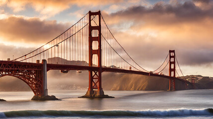 Fototapeta na wymiar Majestic Golden Gate Bridge Panorama at Sunset with Dramatic Cloudy Sky in San Francisco, California
