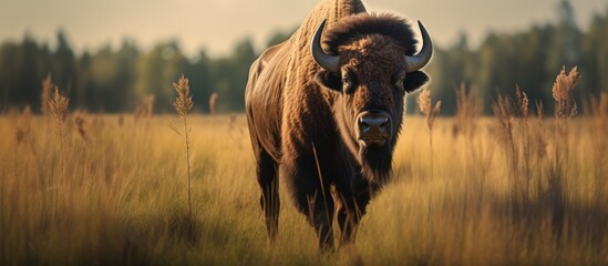 bison animal walking on the prairie - obrazy, fototapety, plakaty
